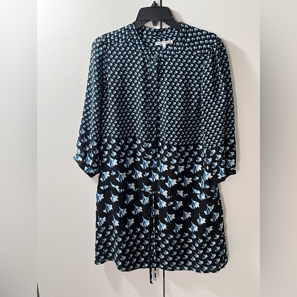 Rebecca Minkoff Vanessa Blouson Shift Dress Drawstring Waist Sz L Floral Blue